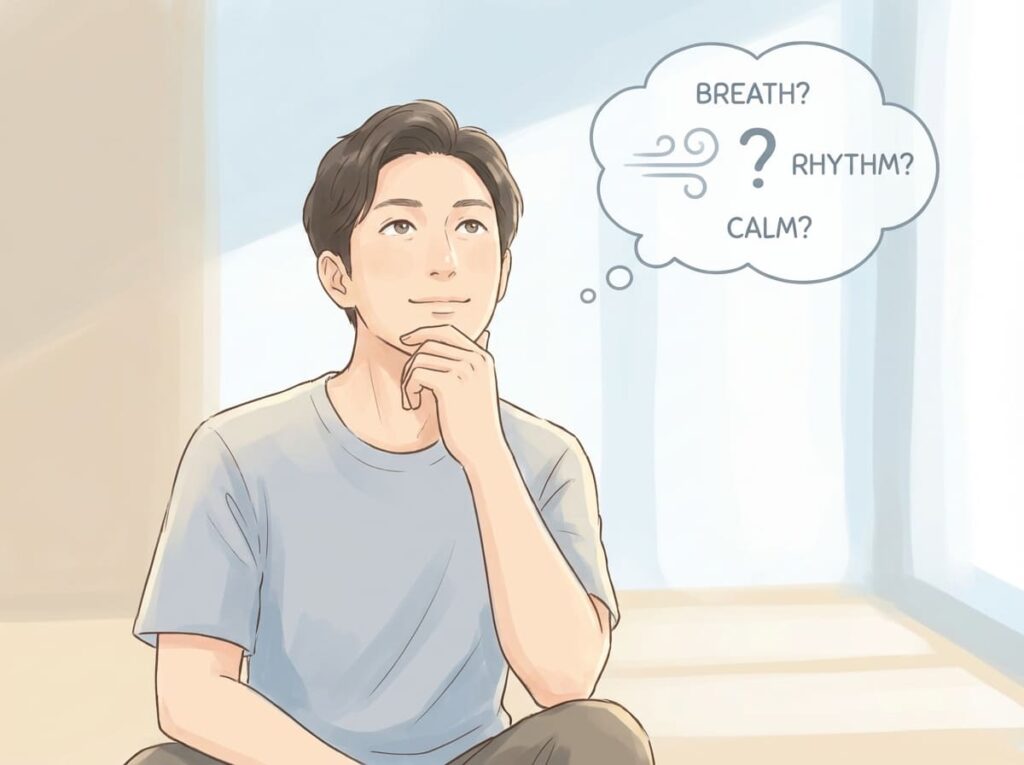 呼吸に関する違和感や状況を、一度立ち止まって整理して考えている様子を表したイラスト