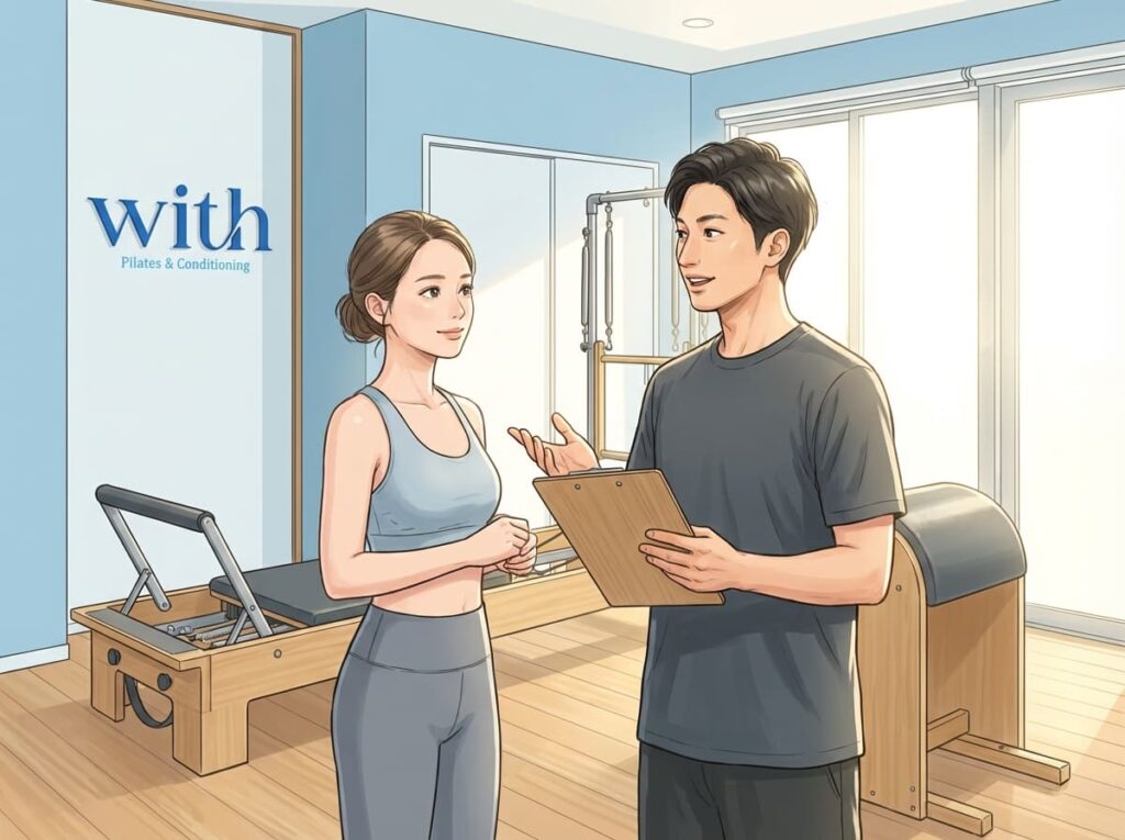 専門家と相談しながら、自分の状態に合った運動を進めている様子を示すイラスト