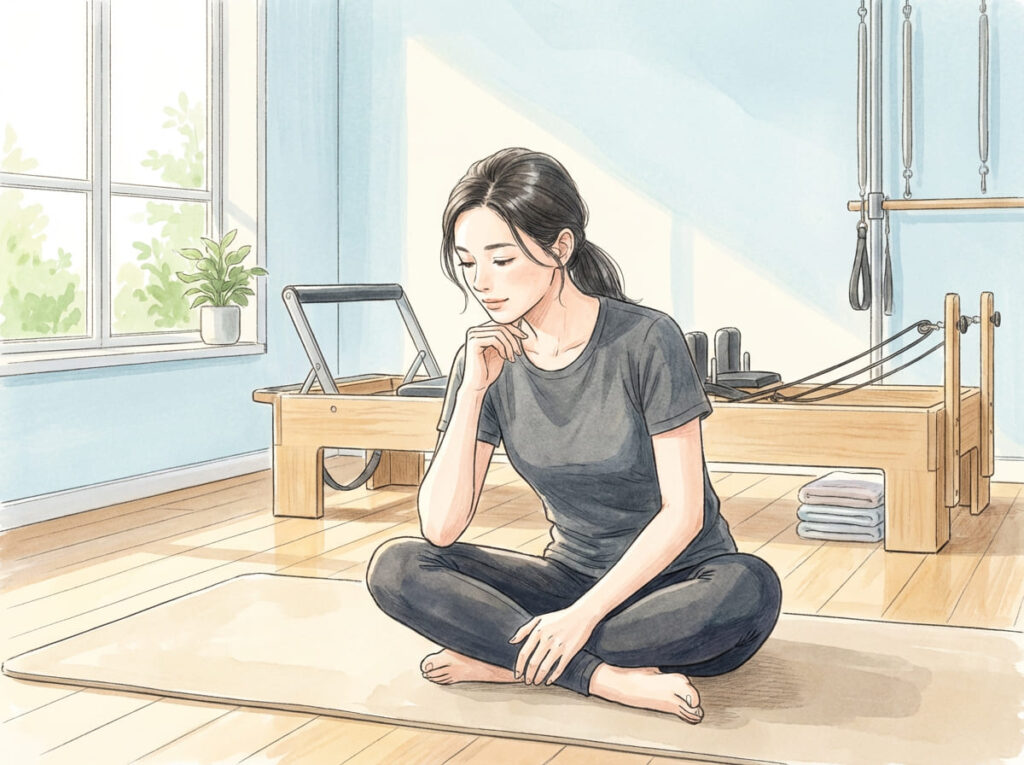 猫背改善を始める前に、自分の身体の状態や困りごとを整理している様子を示すイラスト