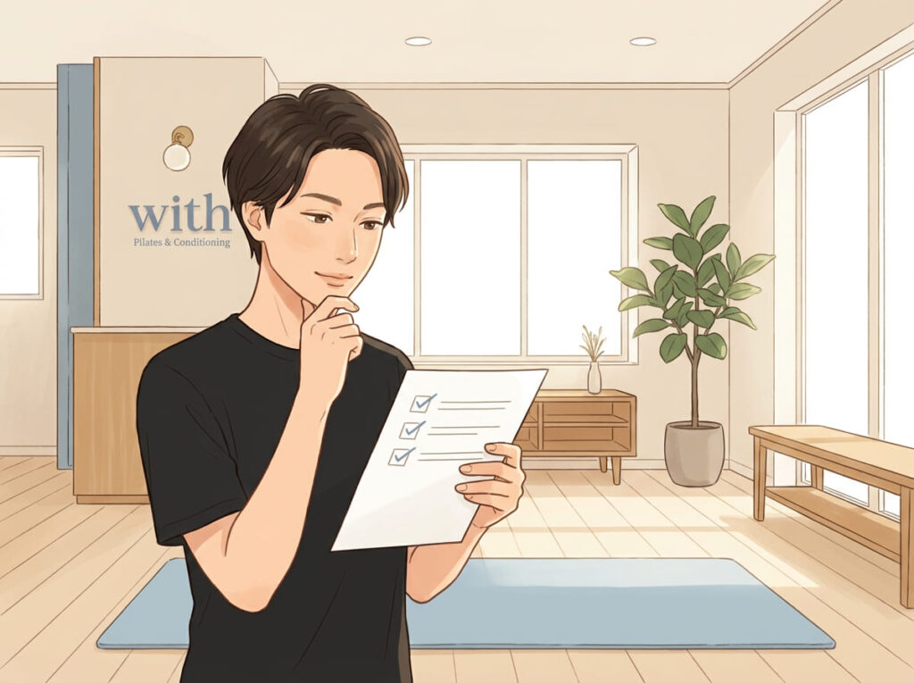 肩こりの原因や状況を整理しながら考えている様子を表したイメージ