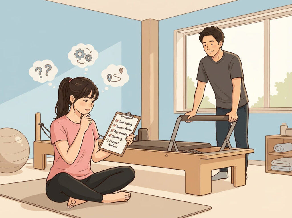 体の硬さやストレッチの取り組み方について、一度立ち止まって整理している様子を示すイラスト