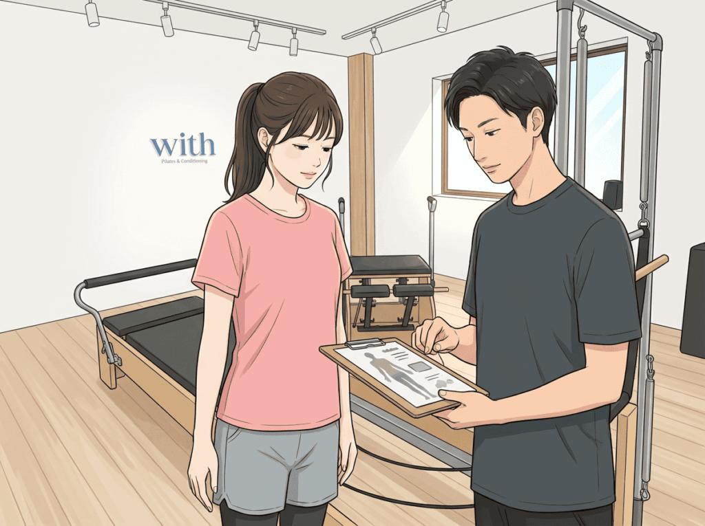 身体の状態を整理し自分に合った立ち方を考えている様子を示したイラスト