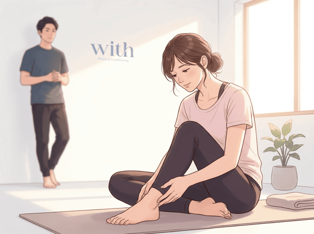 足首の不安定さを確認し身体の状態を見つめている様子を表したイラスト