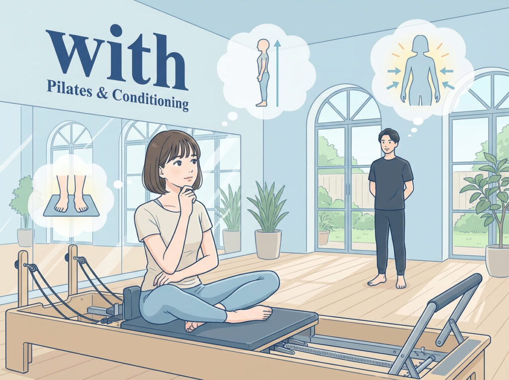 O脚に関する悩みや身体の使い方を、一度立ち止まって整理して考えている様子を表したイラスト