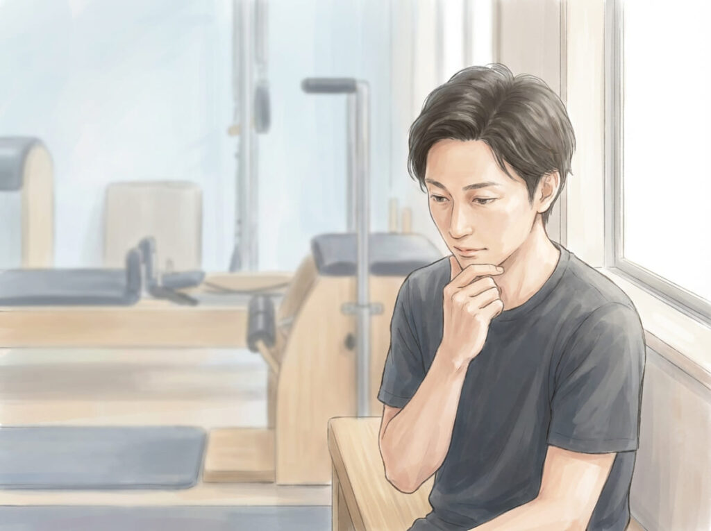 マシンピラティスを始める前に、自分の目的や状態を整理している様子を示すイラスト