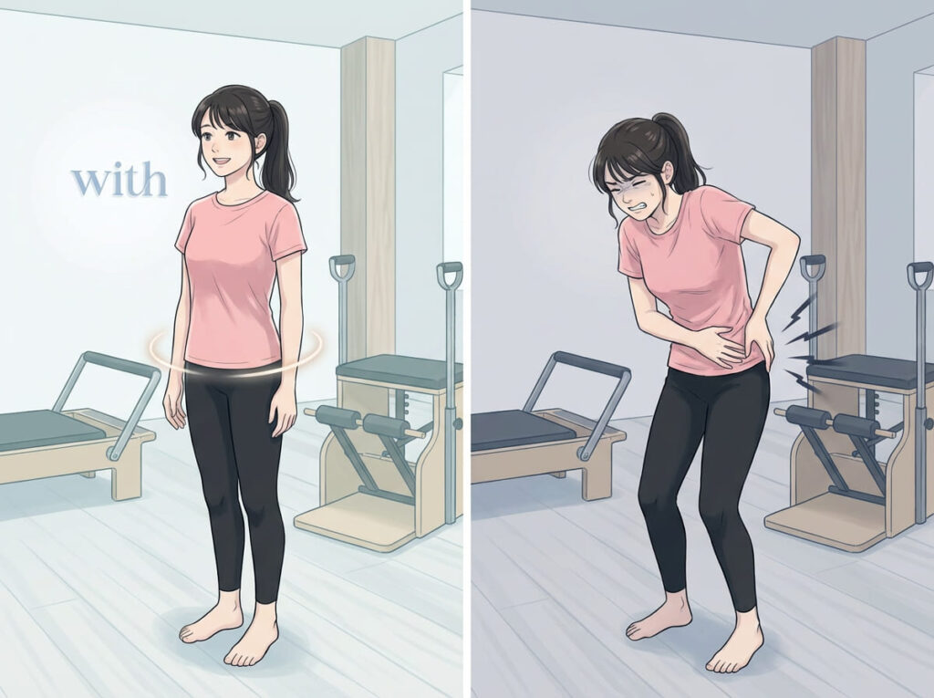 股関節を動かした後に楽になる場合と詰まり感が残る場合の違いを比較するイメージ