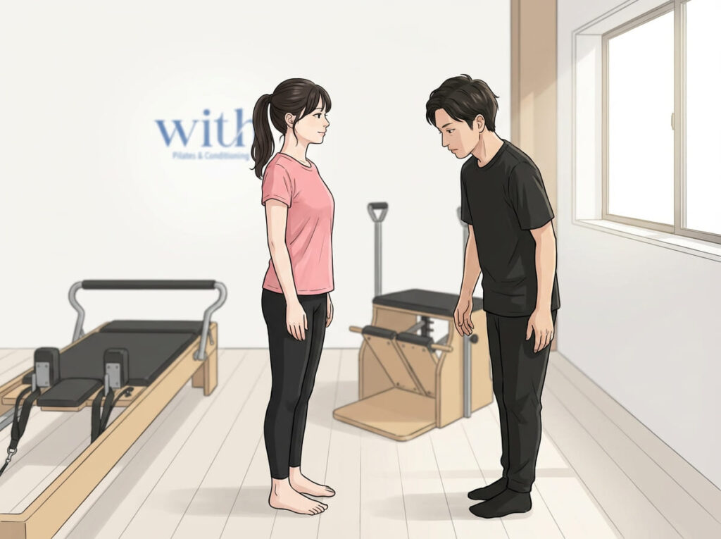 運動を始める前に姿勢を確認している場面