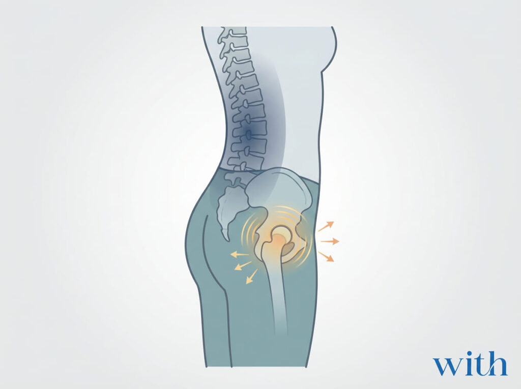 腰を固めた姿勢により、股関節に負担が集中している様子を示す身体イメージ