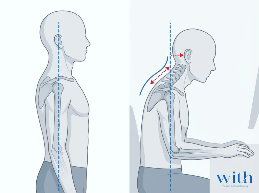 頭部前方位と頸部伸展負荷の関係を示す横からの姿勢比較図