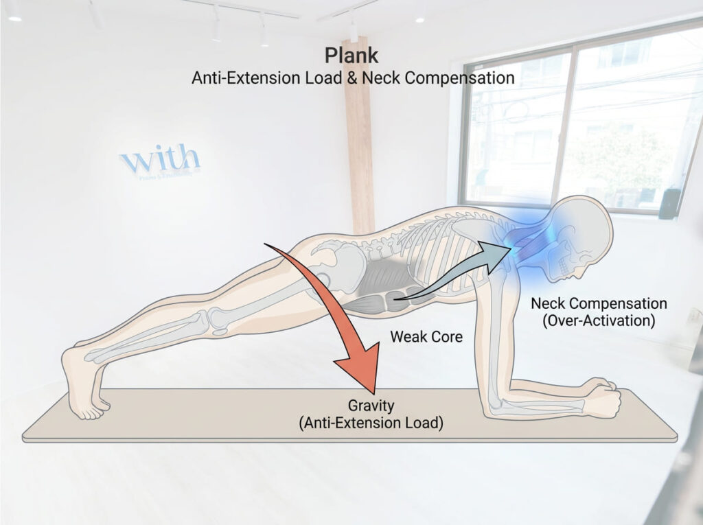 プランク時の抗伸展負荷と頸部代償メカニズム図