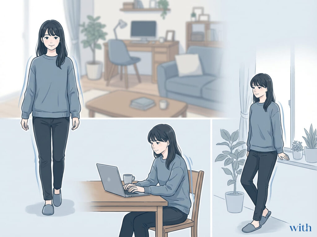 日常動作の中で元の身体の使い方に戻る様子を示したイメージ