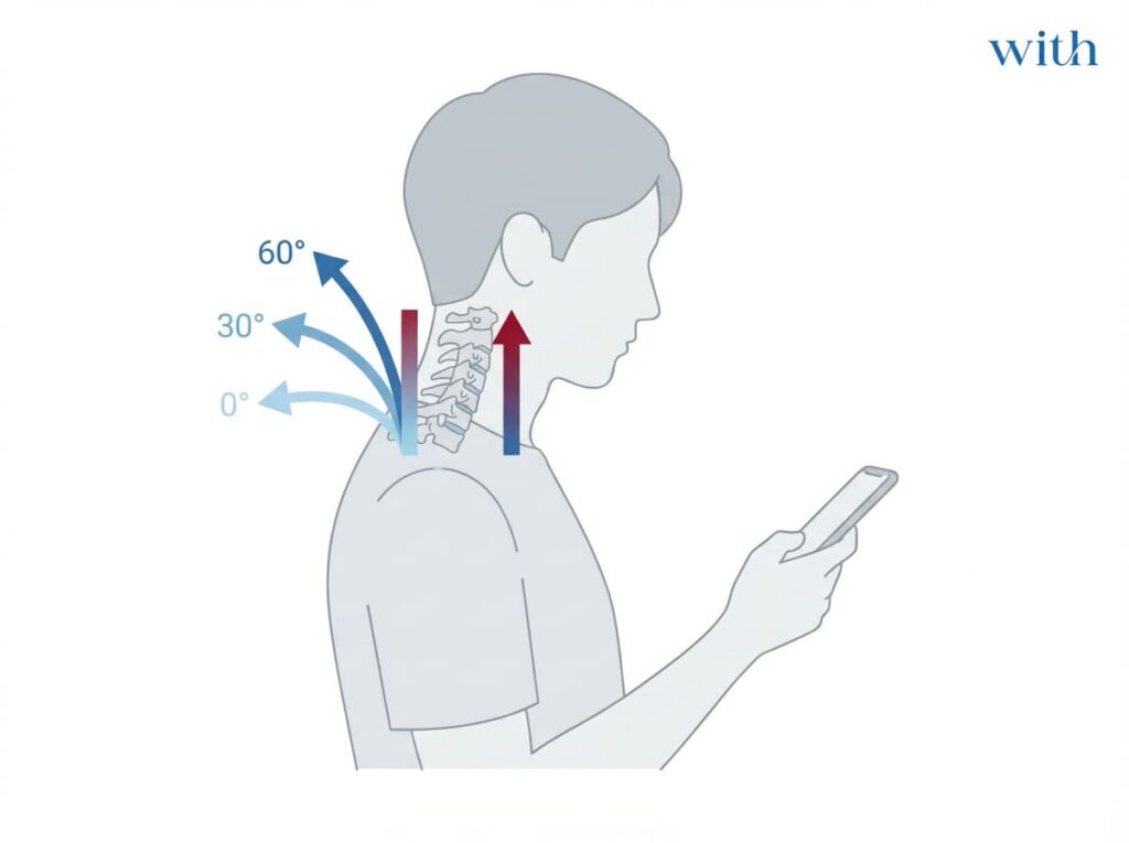 スマートフォン使用時のうつむき姿勢による頸部屈曲角度の増加図