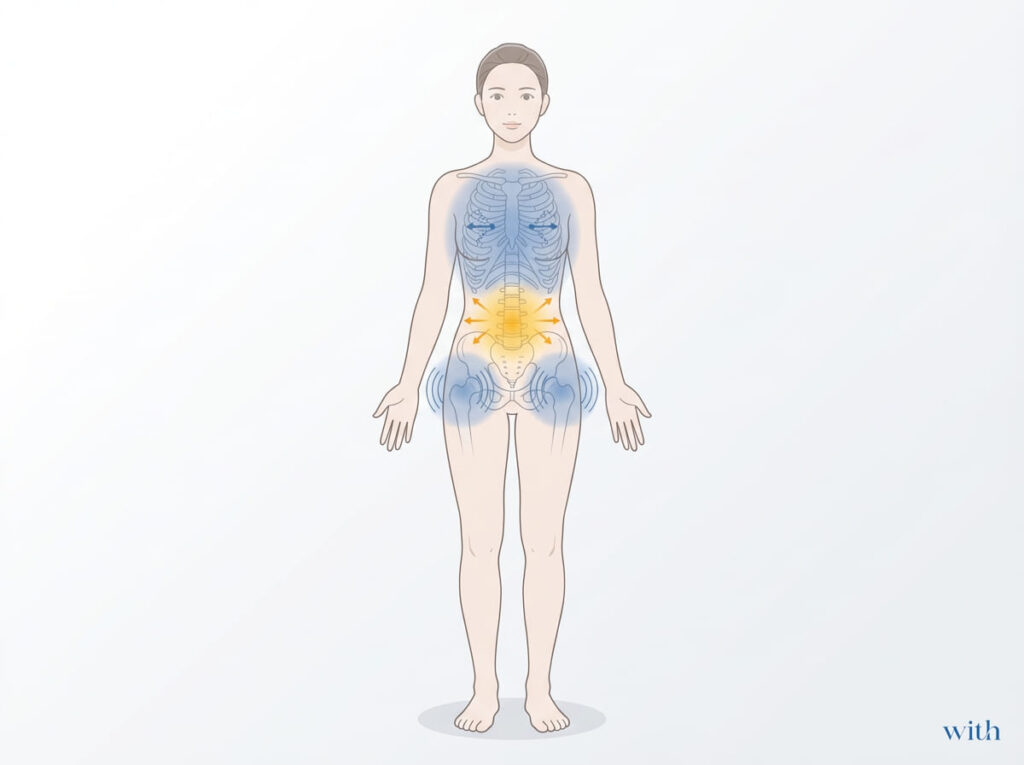 腰ではなく股関節や胸郭の動きが制限されていることを示す身体イメージ