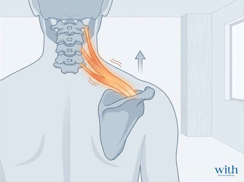 肩甲挙筋の位置と短縮イメージ図