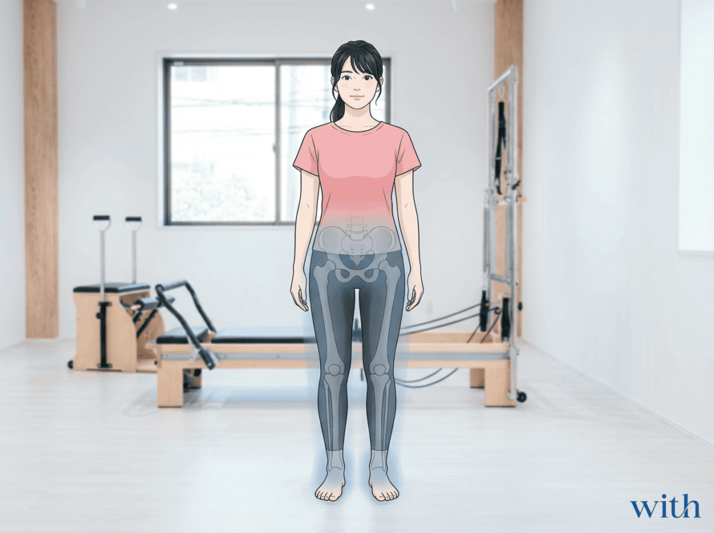 股関節や足部の使われ方が骨盤に影響する様子を示すイメージ
