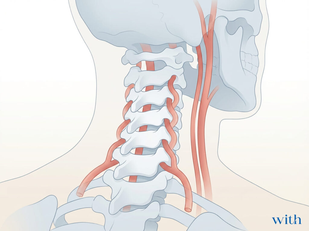 頸部血管の走行を示す解剖イラスト|頸部スラストと血管リスクの説明図