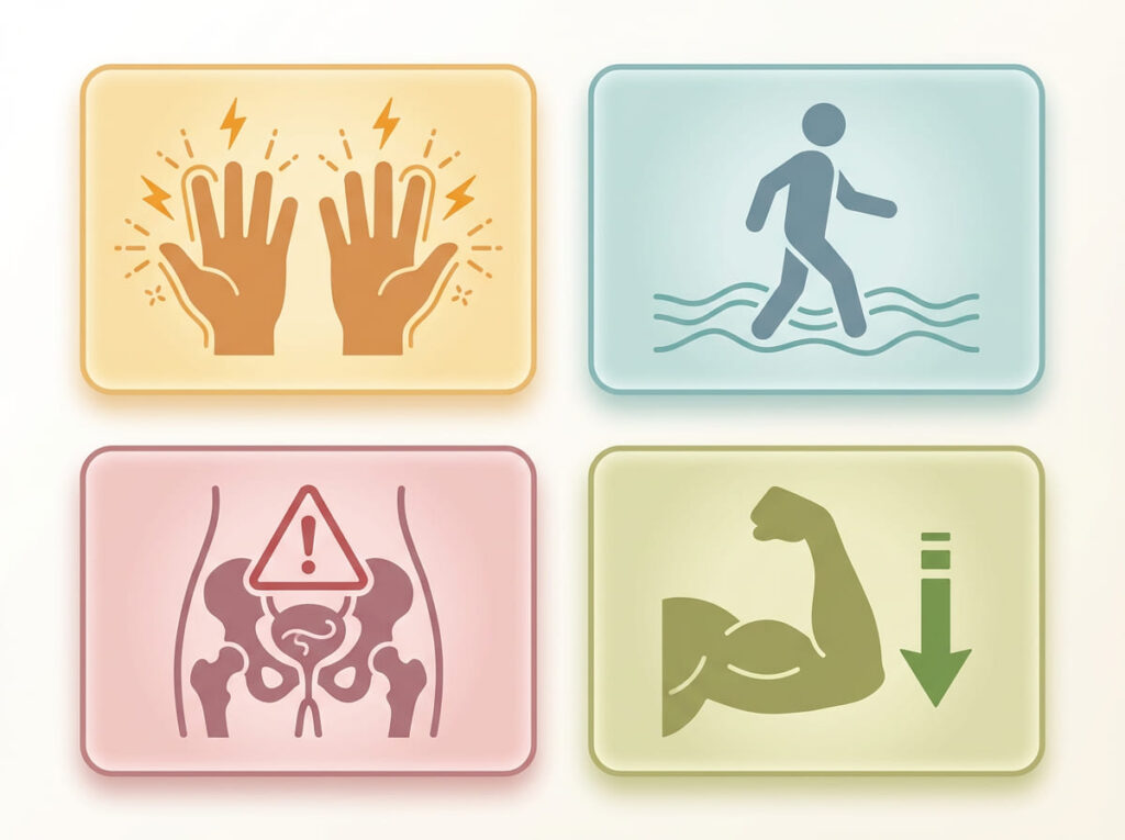 両手のしびれ・歩行のふらつき・排尿障害などを示す警告アイコン図｜頸髄症を疑うべきサイン一覧