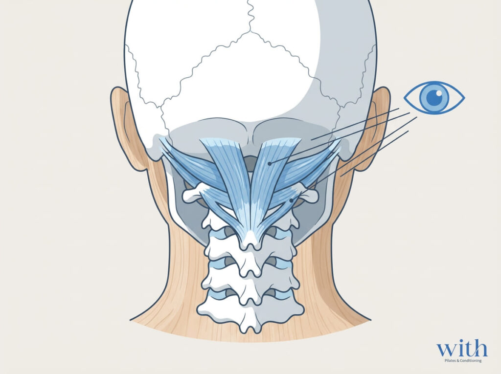 後頭下筋群の位置と視線固定による負担イメージ