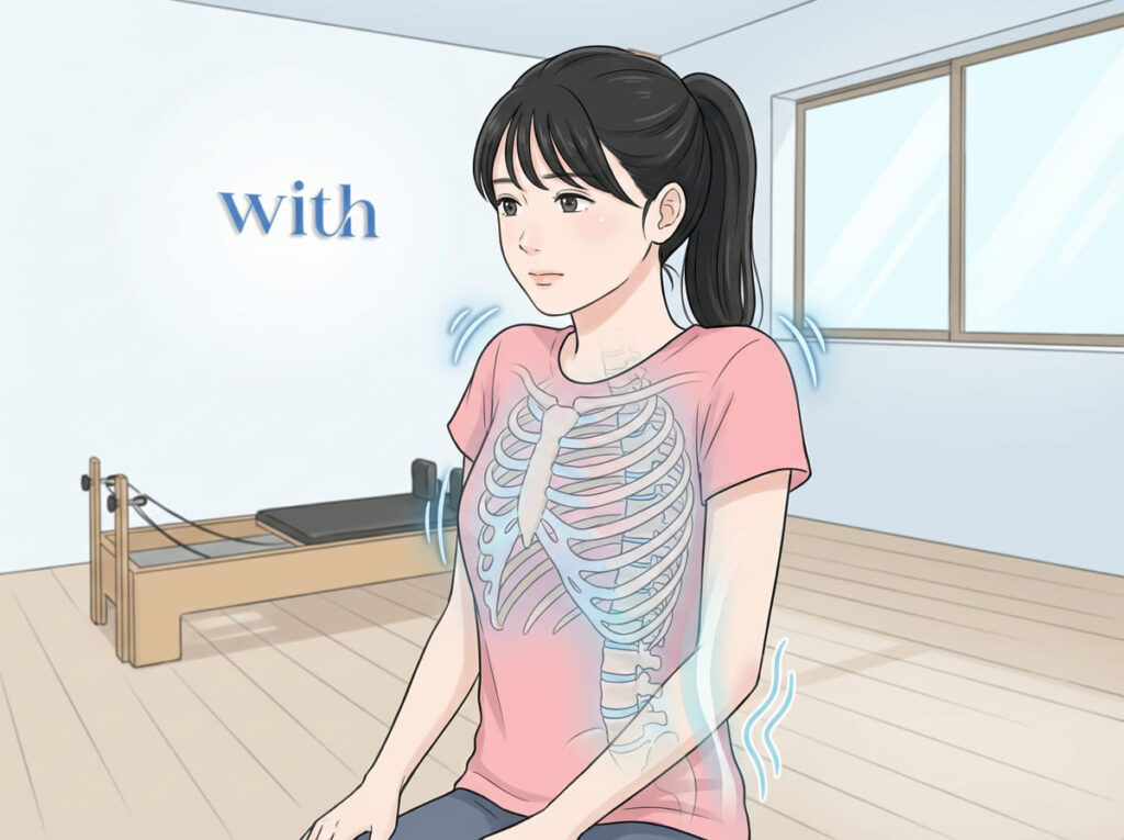 胸郭の硬さや呼吸の浅さが腰の不安定さにつながることを示すイメージ