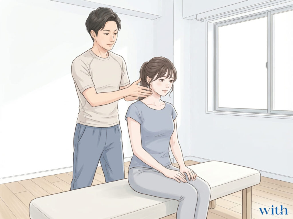 頸椎マニピュレーションのイメージ図|施術時の頸部回旋と評価の必要性を示す説明図