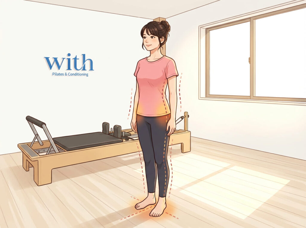 反り腰の人が全身の協調によって安定した姿勢をとる様子を示すイメージ