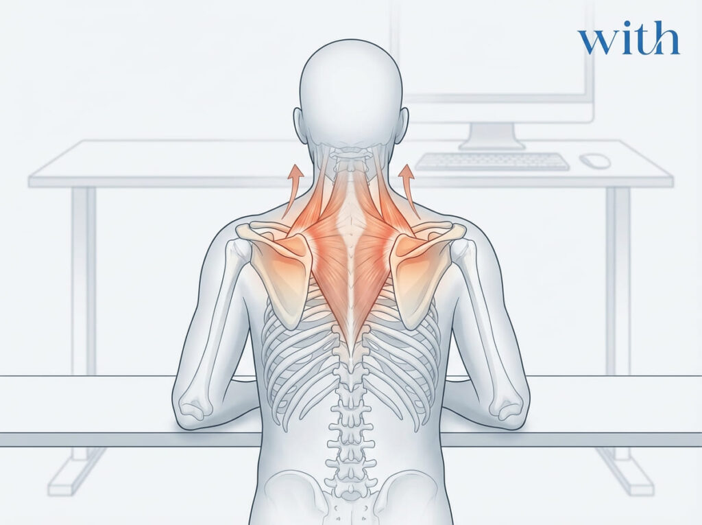 デスク高さと肩甲帯挙上の関係を示す姿勢図