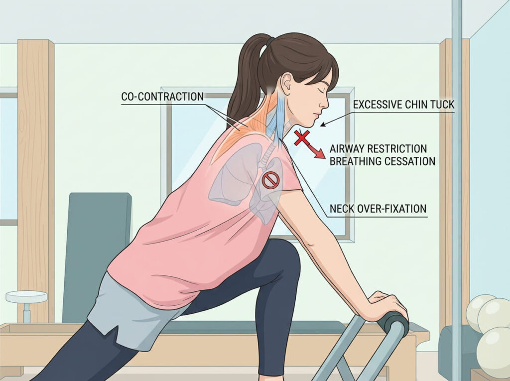 顎引き過剰による頸部過固定と呼吸停止のイメージ図