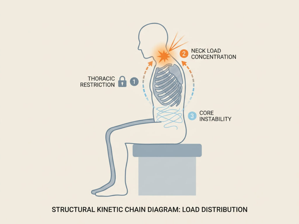 胸郭と頸椎・体幹の連動を示す構造図｜首への負担集中と分担崩れを説明するイメージ