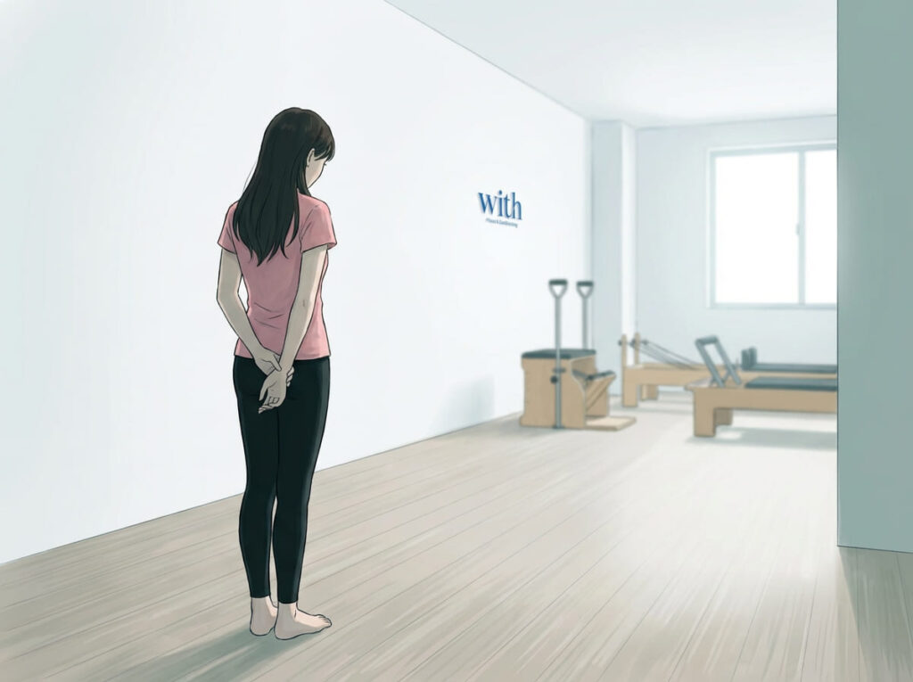 姿勢や運動について迷い、立ち止まって考えている女性の後ろ姿