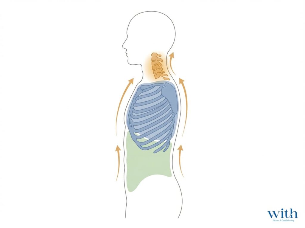 胸郭と頸椎・体幹の連動を示す構造図|首だけに負担が集中する分担崩れの説明