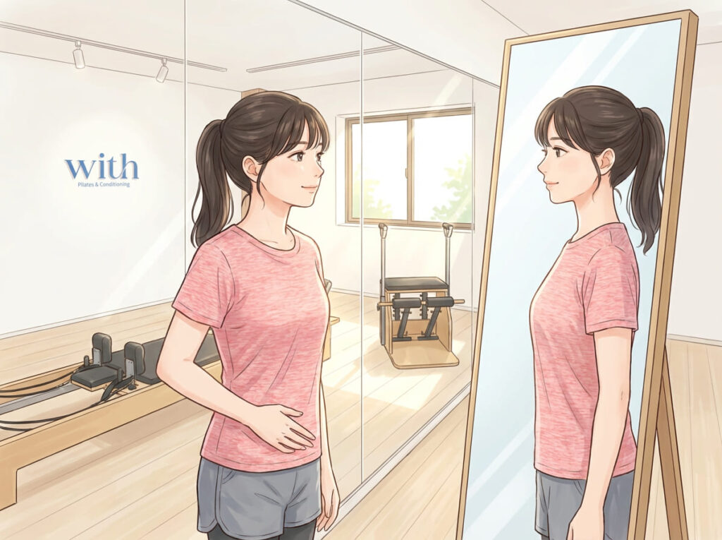 自分の身体の状態を考えながら静かに立っている女性の様子