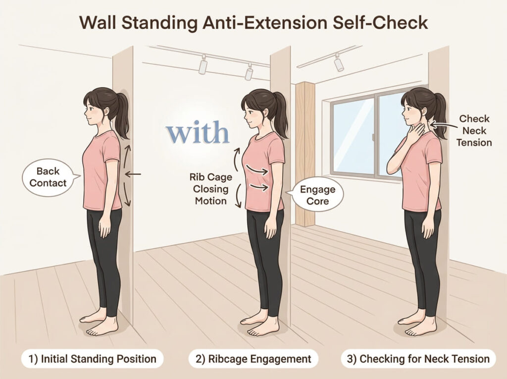 壁立位での抗伸展セルフチェック方法図