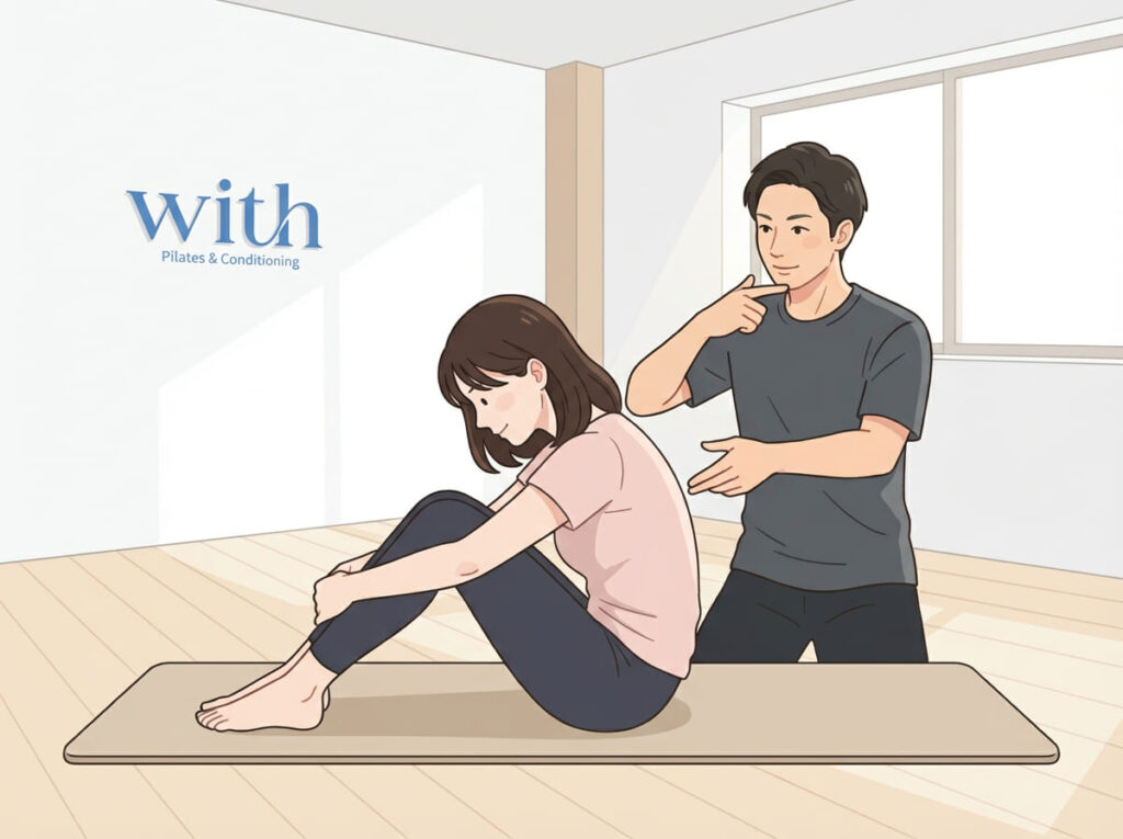 ロールアップ姿勢を確認する場面|顎と胸椎の動きをチェック