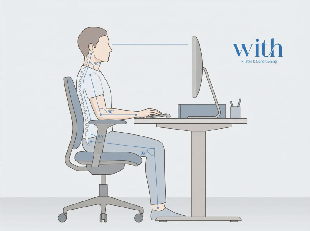 理想的なデスクワーク環境と関節角度の基準図