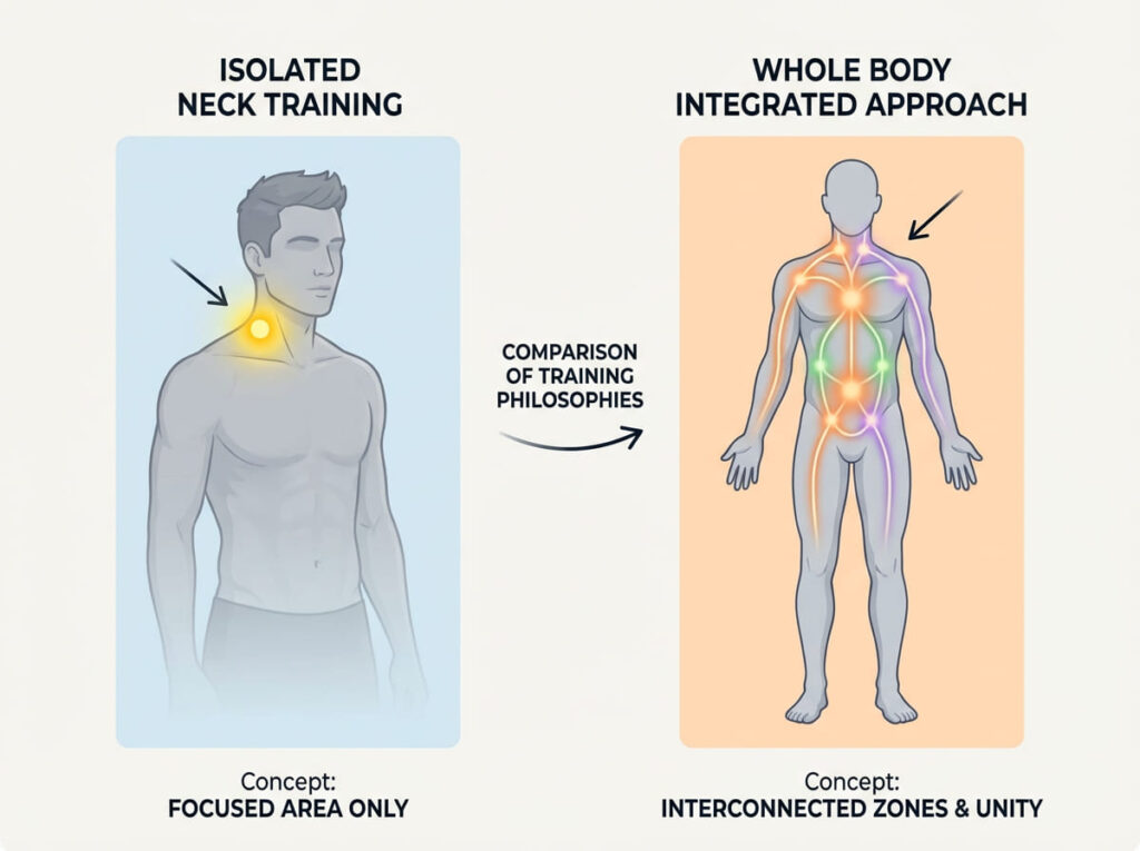 首だけを鍛える誤解と全身分担の違い比較図