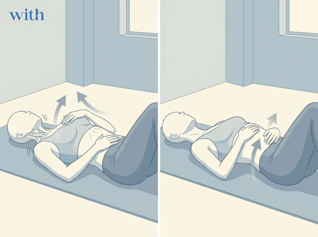 仰向け呼吸パターン確認図|胸式呼吸と腹式呼吸の比較