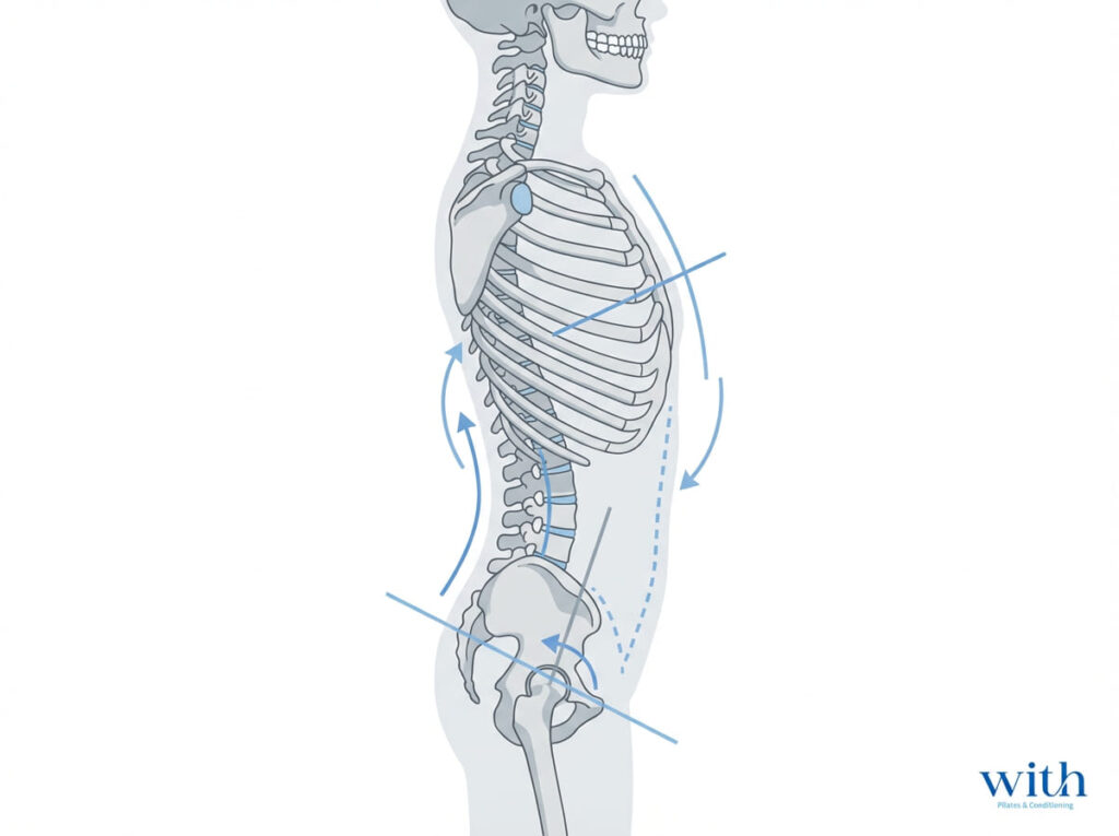 骨盤前傾と胸郭の位置関係を示すイメージ