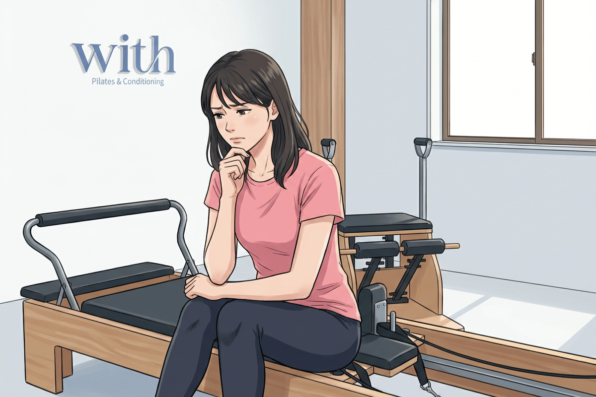ピラティスで首や膝の痛みが悪化して不安を感じている様子