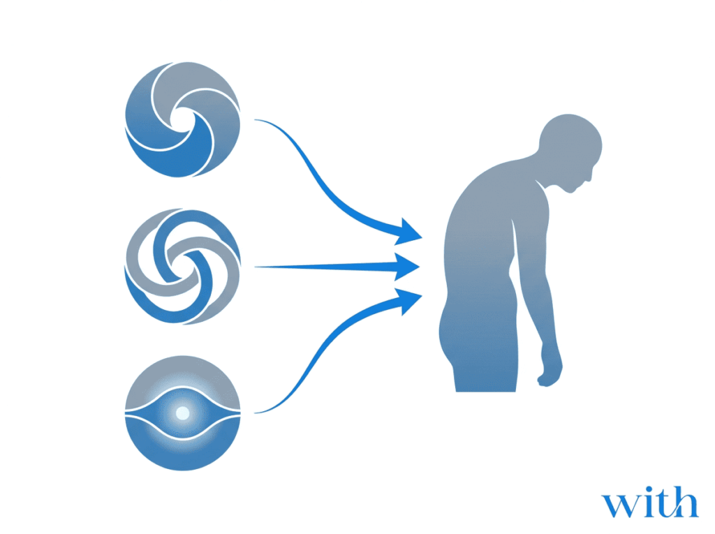 猫背は姿勢の原因ではなく身体状態の結果であることを示した図