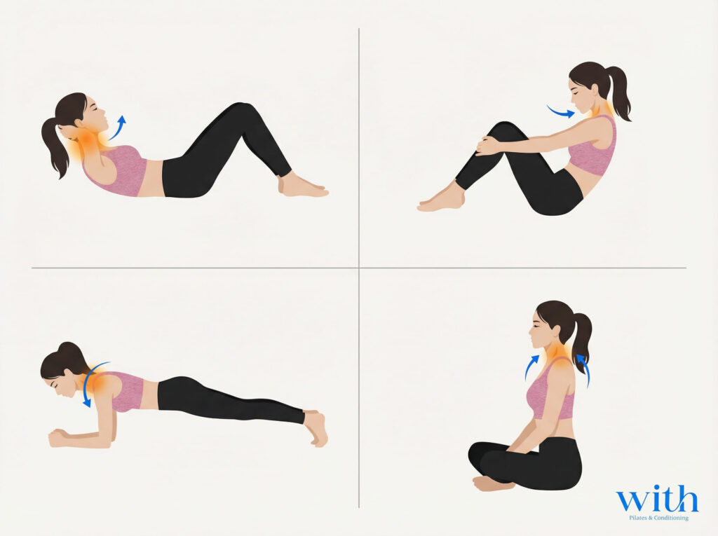 ピラティスで首に力が入る4つの代償パターンを整理した図(腹筋・ロールアップ・プランク・呼吸)