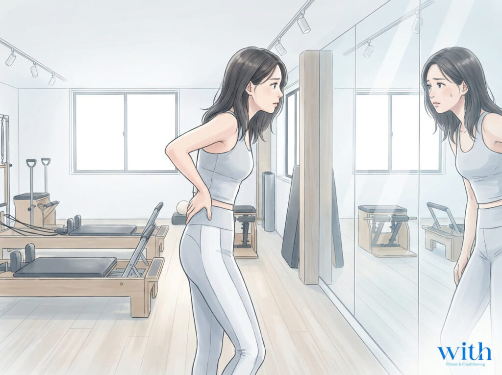 鏡の前で自分の姿勢を気にする横向き立位姿勢