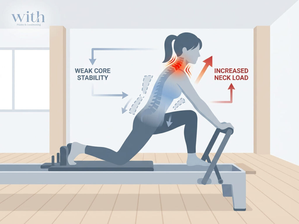 体幹の安定不足によって首に負担が集中する代償動作の模式図