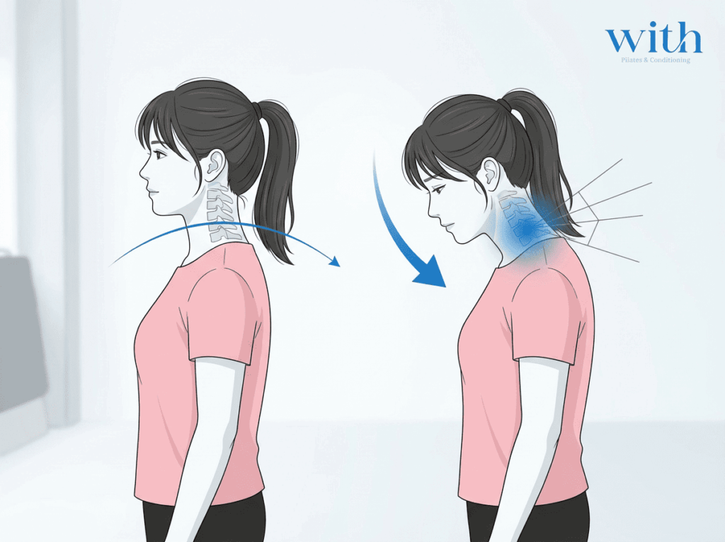 頭が前に出ることで首の負担が増えることを示した図
