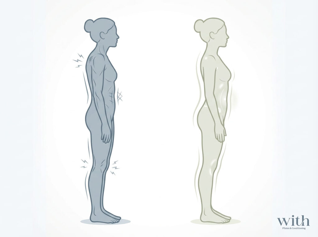 見た目の姿勢と身体バランスの違いを示す姿勢比較図