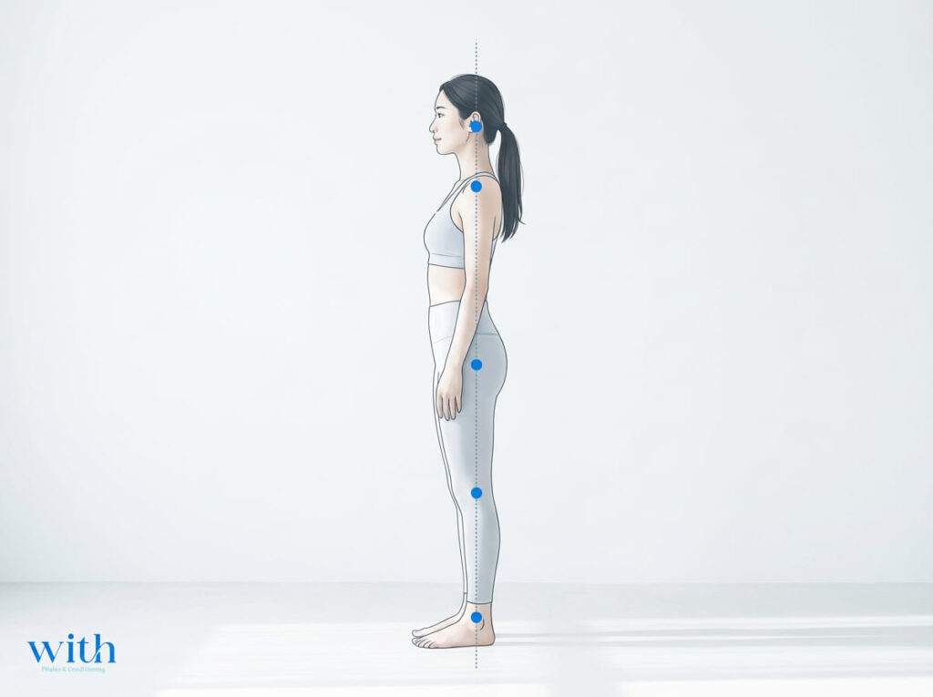 正しい姿勢の基準｜耳垂・肩峰・大転子・膝蓋骨後面・外果前方の位置関係