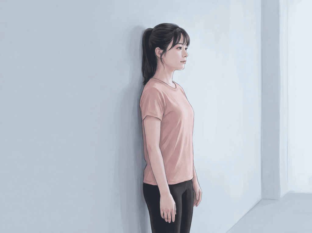 壁に背をつけて後頭部と背中の接触を確認する姿勢チェック方法のイメージ