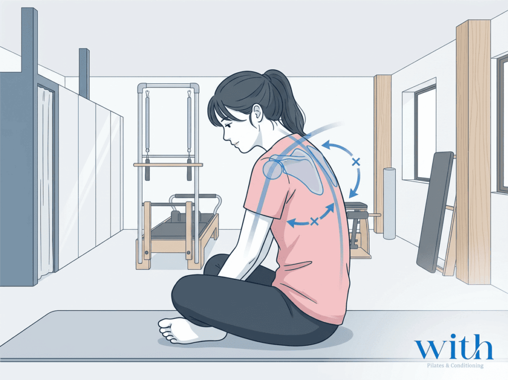 猫背による肩の位置変化と肩甲骨の動きの関係を示した図