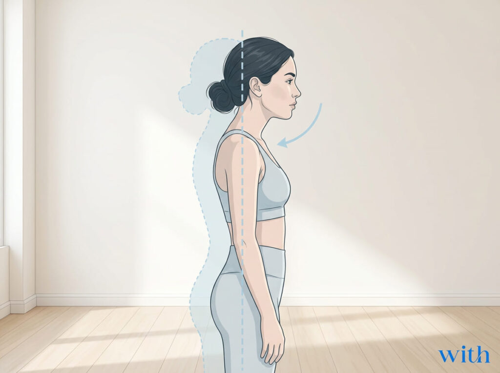 前方頭位姿勢のイラスト|頭部前方位と頸部負担の関係を示す説明図