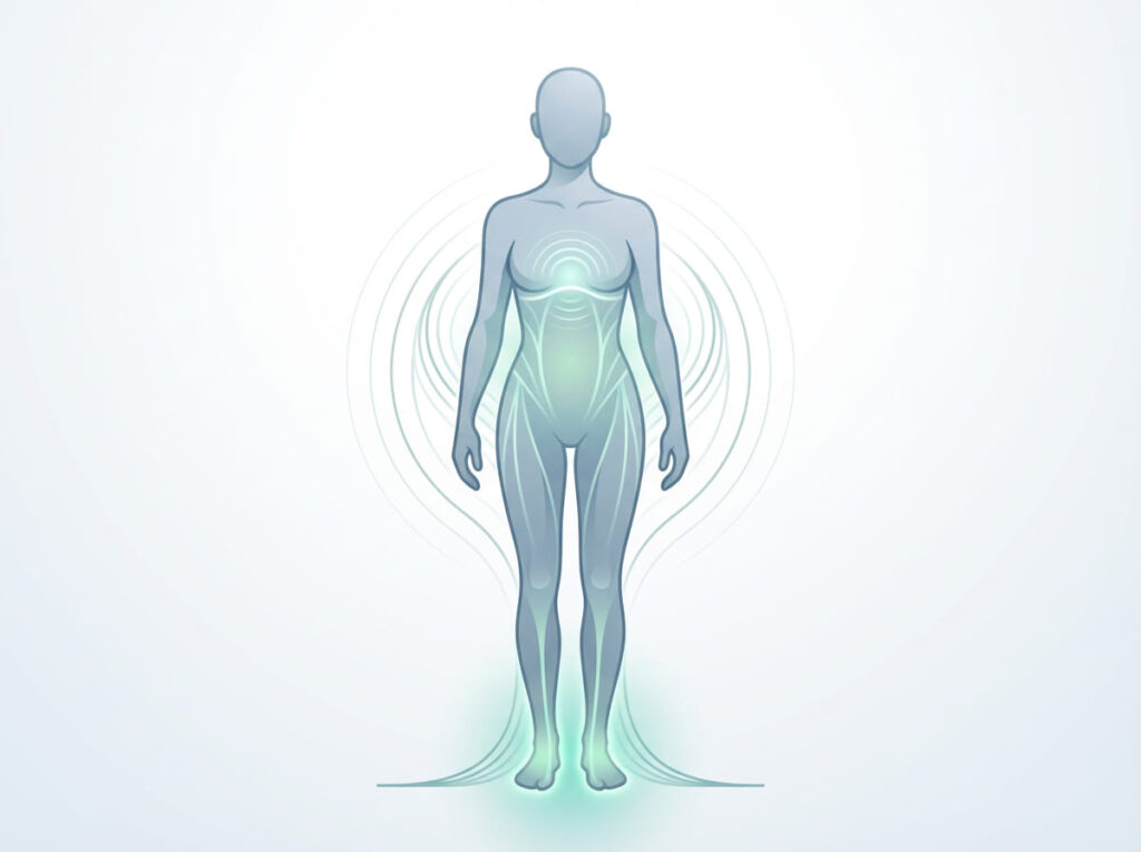 体幹の安定性と姿勢バランスの関係を示す重心ラインの図