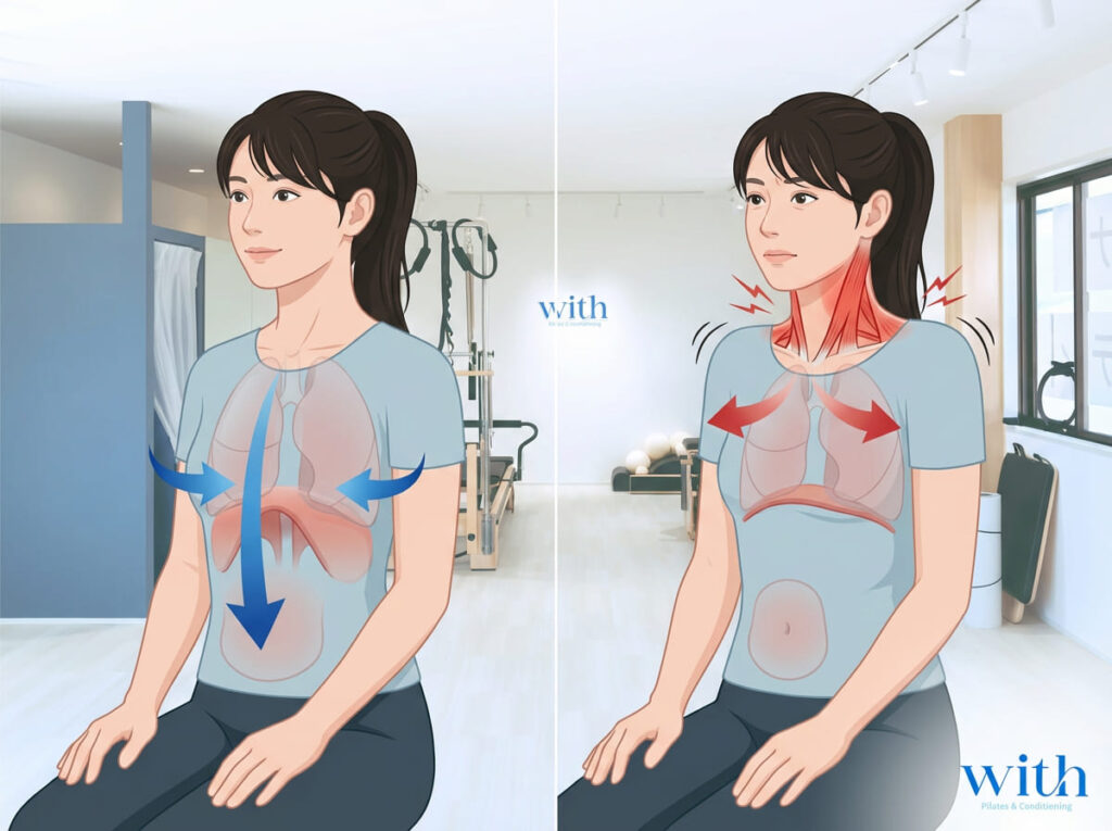 横隔膜呼吸と首の筋肉による代償呼吸の違いを示す図